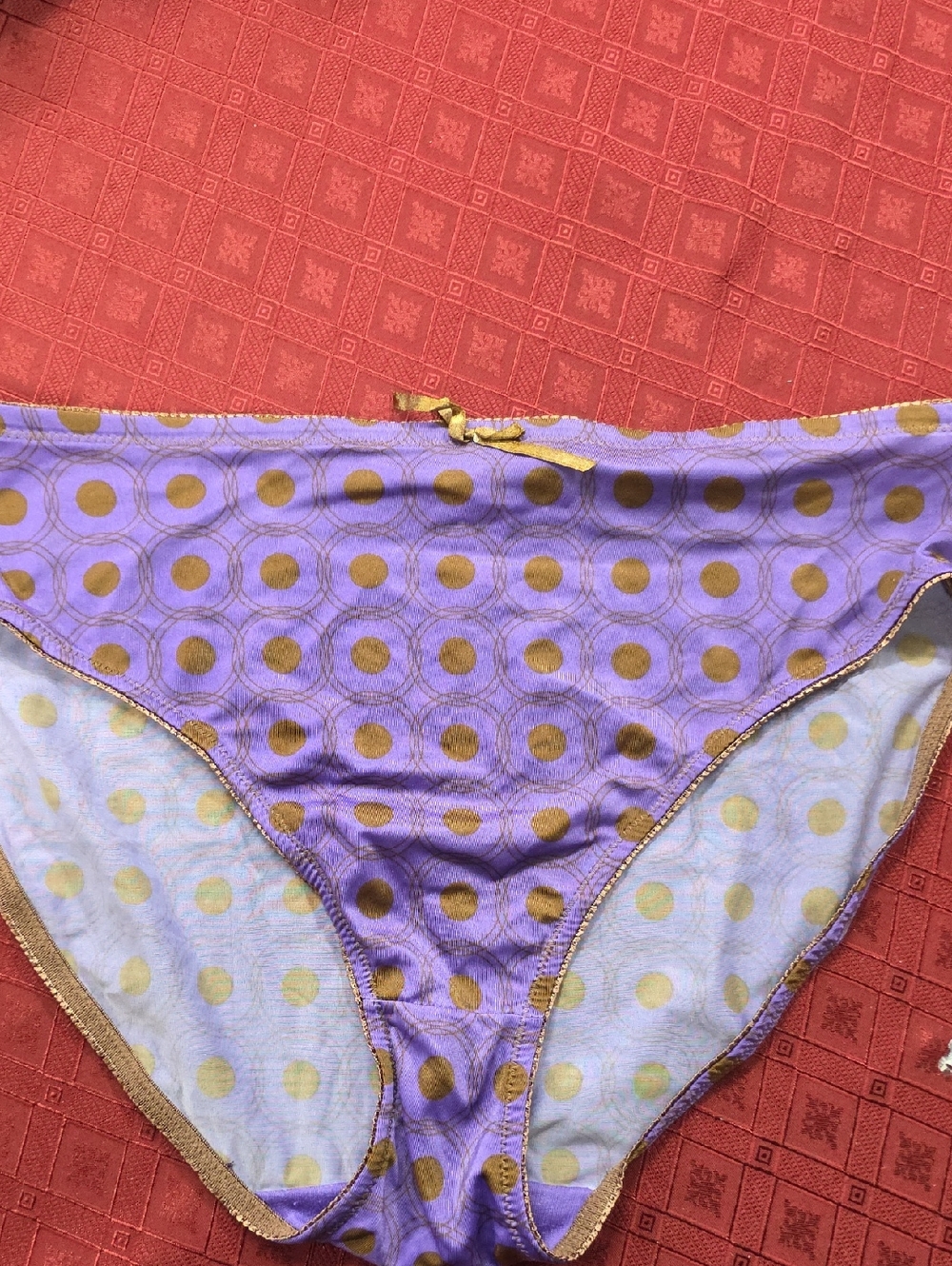Delta Burke Purple Polka Dot Bikini Panties with Gold Accents